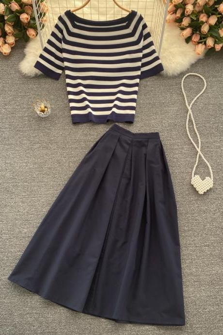 Summer Style Retro Striped Knitted Short-sleeved Blouse All-match Mid-length Skirt Two-piece Suit