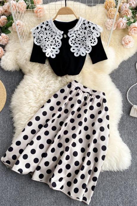 Cute Knitted Short-sleeved Blouse For Age Reduction All-match Polka-dot Skirt Fashion Two-piece Suit