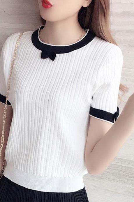 Cute round neck short-sleeved bow T-shirt