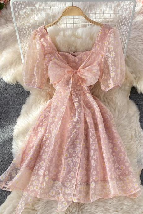 Cute A line floral short dress pink dress