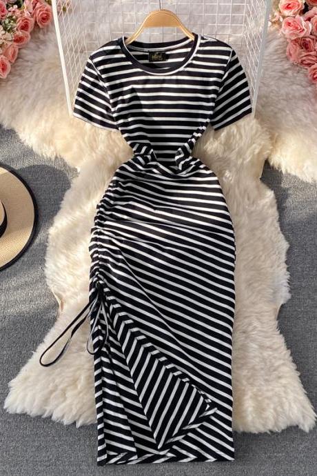 Slim Waist Casual Side Drawstring Extra Long Over-the-knee Slit Striped T-shirt Dress