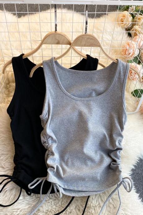 Simple round neck tops side drawstring top