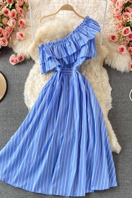 Cute Blue Stripe Dress One Shoulder Dress