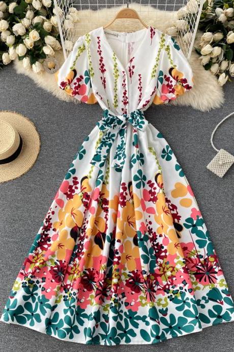 Cute A line v neck floral dress fashion dress