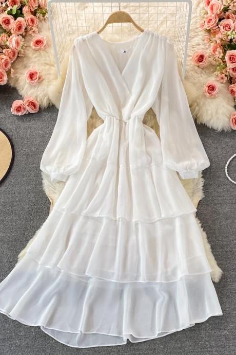White V Neck Long Sleeve Dress Fashion Dress