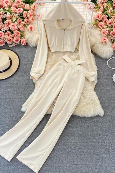 Casual Two-piece Suit Hooded Sweater + Wide-leg Trousers