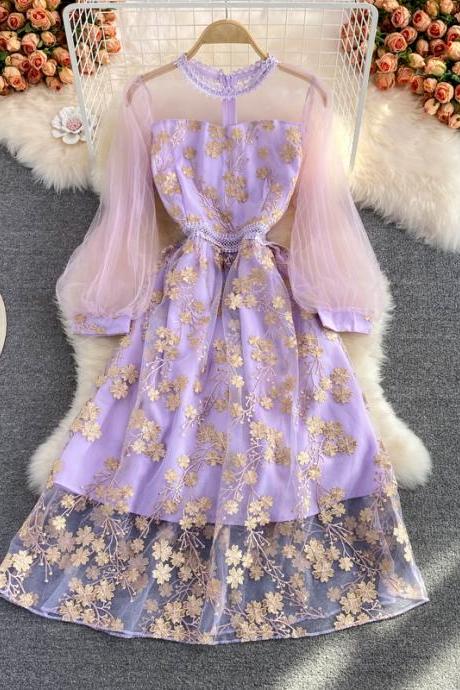 Purple lace tulle long sleeve dress fashion dress