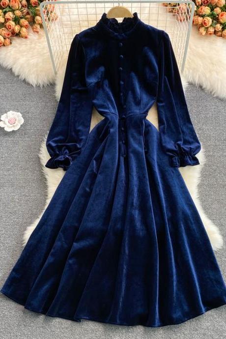 Blue velvet long sleeve dress autumn coat
