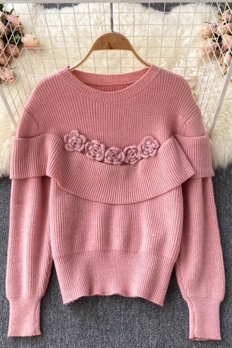 Lovely Flowers Long Sleeve Sweater Round Neck Sweater