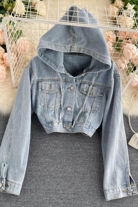 Fashionable Denim Long-sleeved Top And Hooded Cropped Top