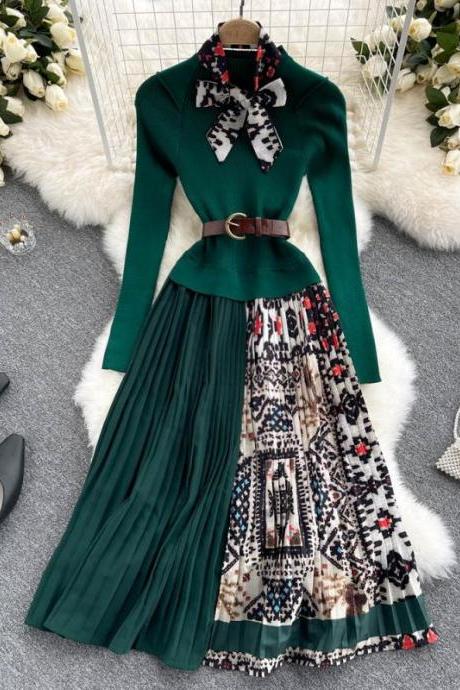 Elegant long-sleeved knitted patchwork dress A line fashion dress