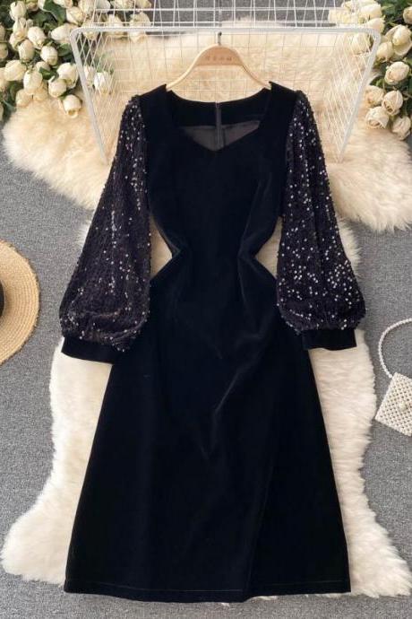 Black velvet long sleeve dress fashion dress