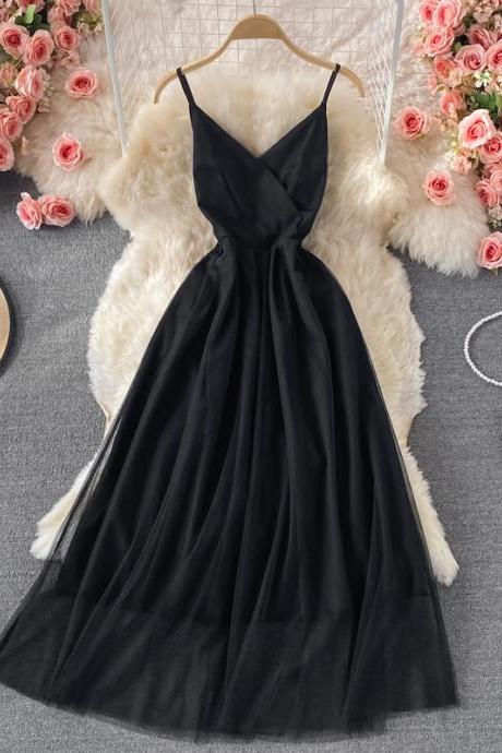 Simple v neck tulle short dress black party dress