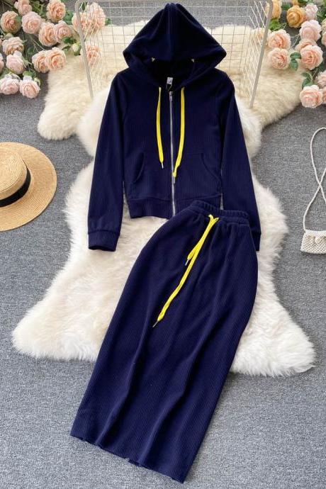 Casual hooded pullover all-match skirt two-piece suit