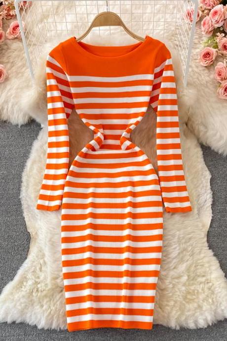 Simple Striped Knitted Long-sleeved Sweater Sweater Dress