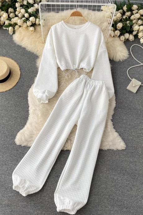 Chic short waist tie-up top high-waist straight-leg sports trousers fashion two-piece suit