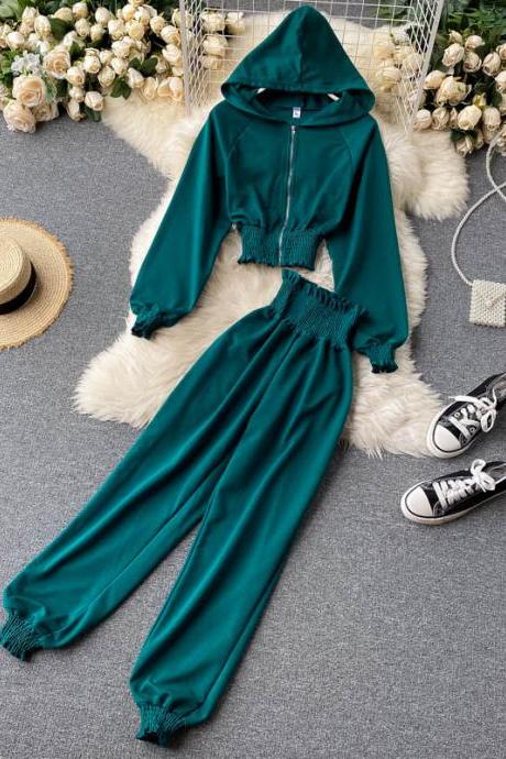 Chic short waist tie-up top high-waist straight-leg sports trousers fashion two-piece suit