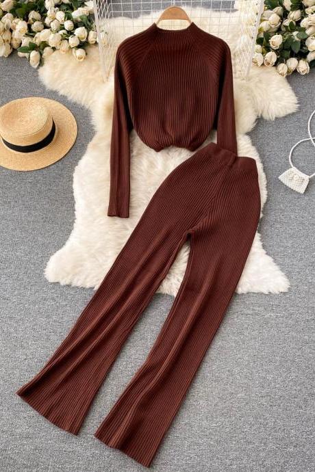 Simple base knitted T-shirt high waist slim trousers two-piece suit