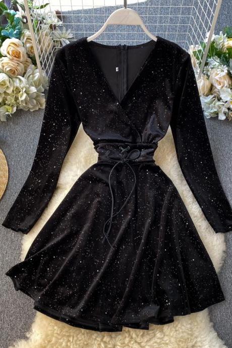 Black V Neck Long Sleeve Dress Fashion Dress