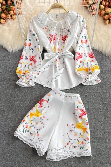 Cute two pieces sets long sleeve floral tops+ high waist wide leg shorts