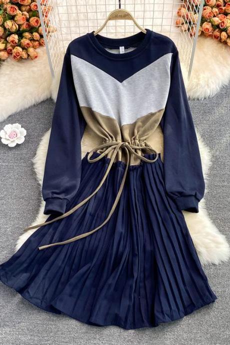 Autumn And Winter Round Neck Sweater Dress Long Sleeve Color Matching Pleated Dress