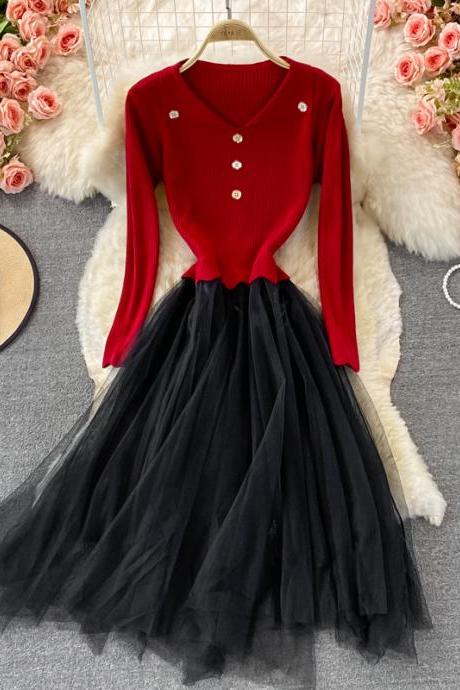 Lovely knitted patchwork tulle dress A line fashion dress