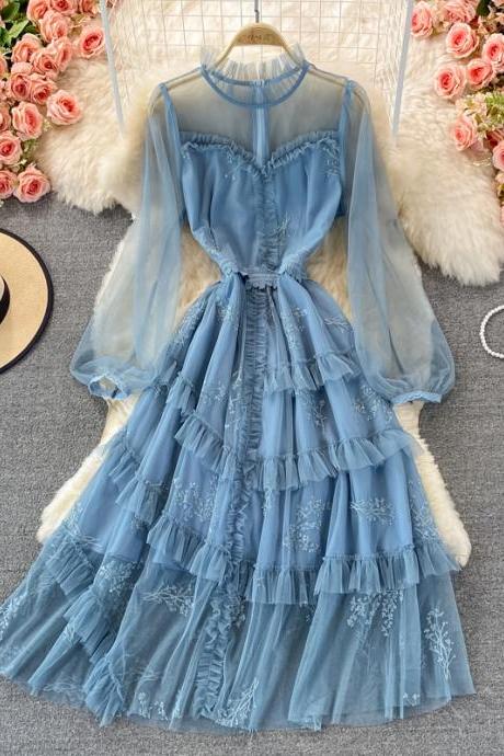 Blue tulle lace A line dress fashion dress