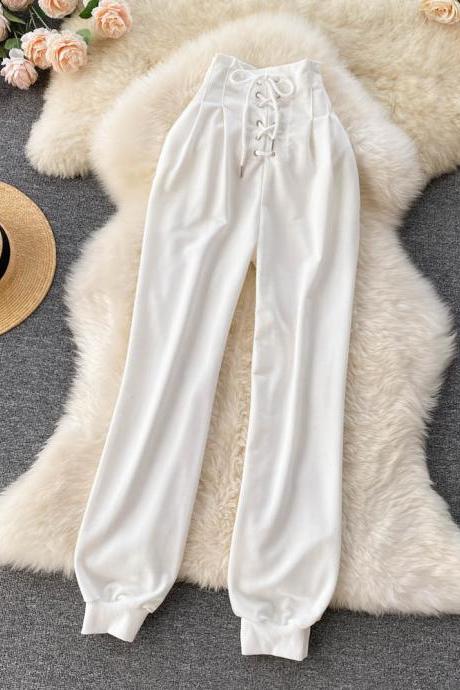 White casual lace-up trousers