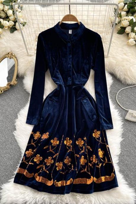 Elegant Velvet Sequins Long Sleeve Dress Fashion Dress