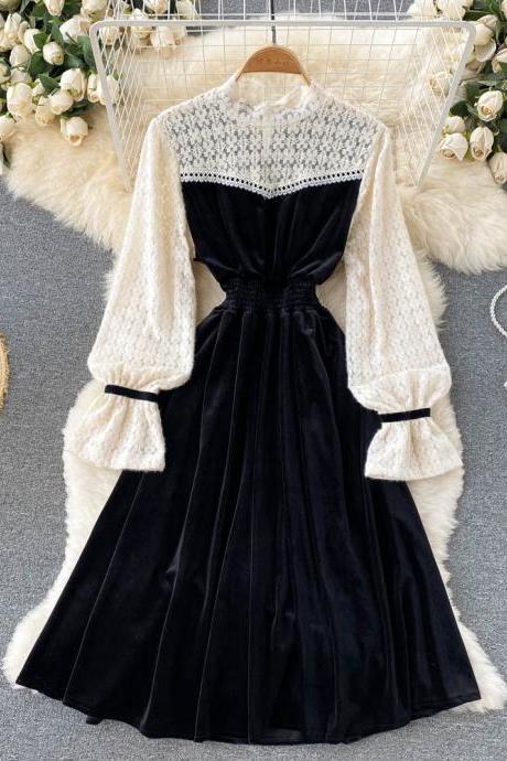 Black Velvet Lace Dres A Line Long Sleeve Fashion Dress