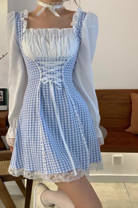 Cute Plaid Long Sleeve Dress Lace Up Dress