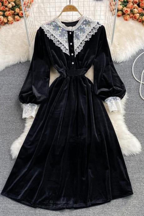 Black Vlevet Lace Long Sleeve Dress Black A Line Dress