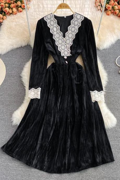 Elegant V Neck Lace Long Sleeve Dress Fashion Dress