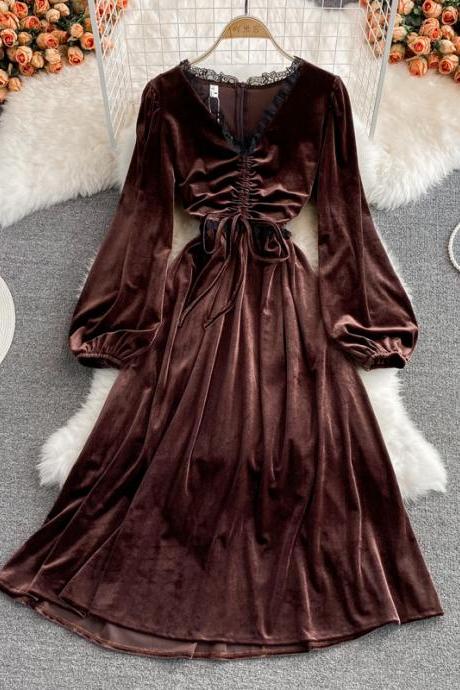 Autumn And Winter Lace Stitching V-neck Velvet Dress Fashion Dress