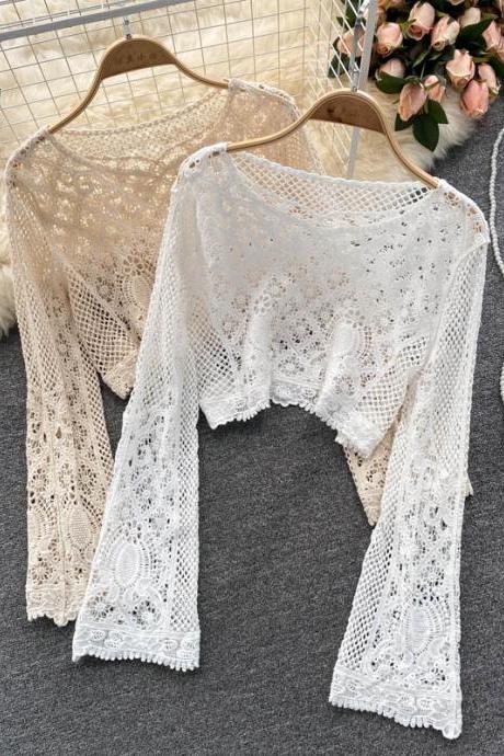 Simple long sleeve lace tops crop tops