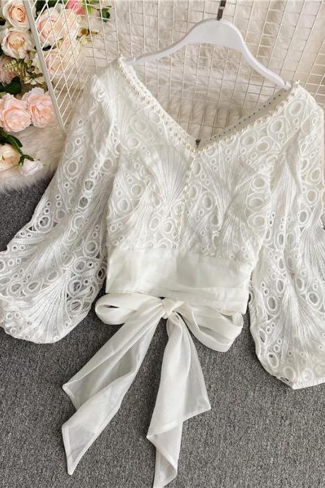 Cute v neck lace long sleeve tops lace tops