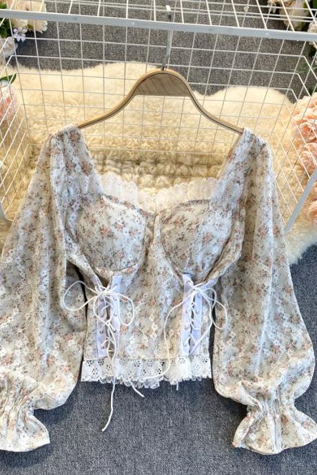 Cute floral lace long sleeve tops crop tops
