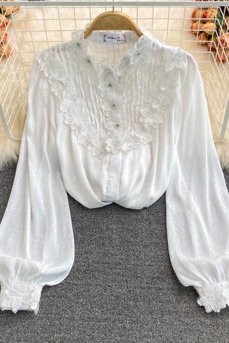 White Lace Long Sleeve Tops