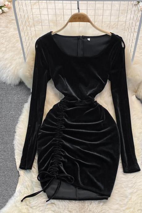Black velvet long sleeve dress sexy dress