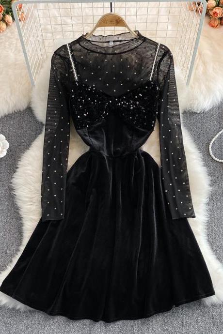 Black velvet sequins short dress two pieces fashion dress