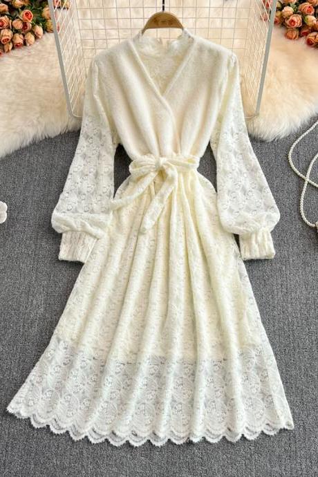 Elegant v neck lace dress A line long sleeve dress sweater dress
