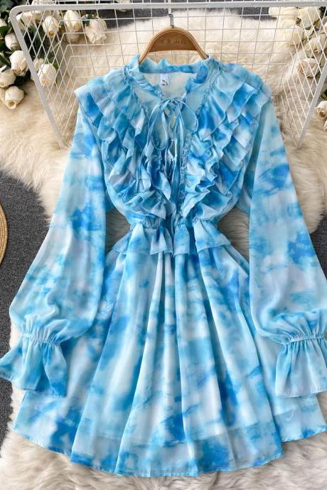 Stylish blue long sleeve dress A line fashion dress