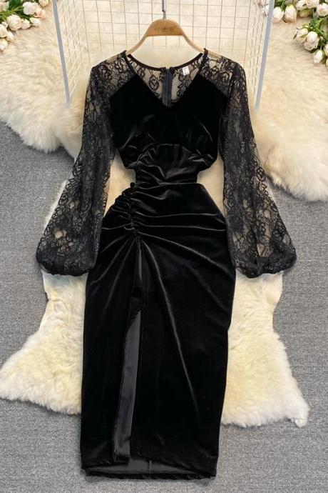 Black v neck velvet dress long sleeve dress