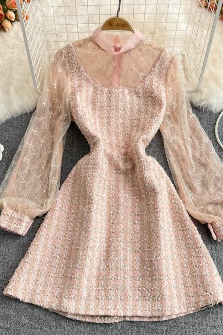 Pink A Line Long Sleeve Dress Fashion Dress
