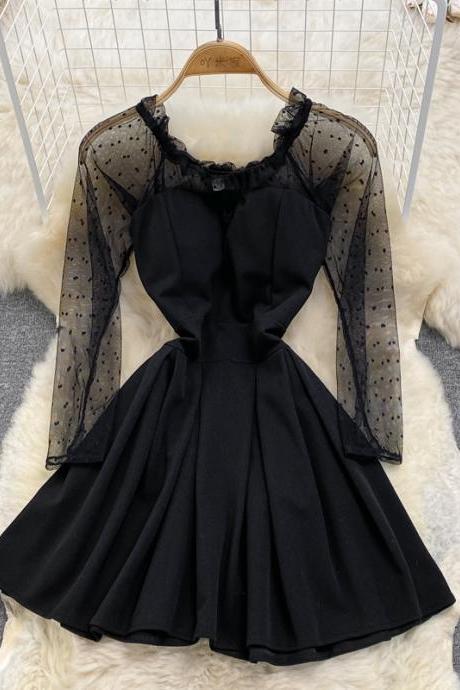 Black A Line Long Sleeve Short Dress Fashion Dress