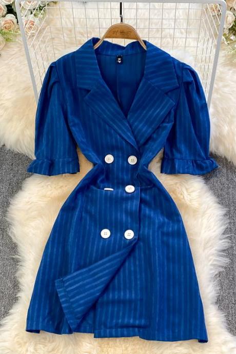 Blue Double-breasted Striped Dress