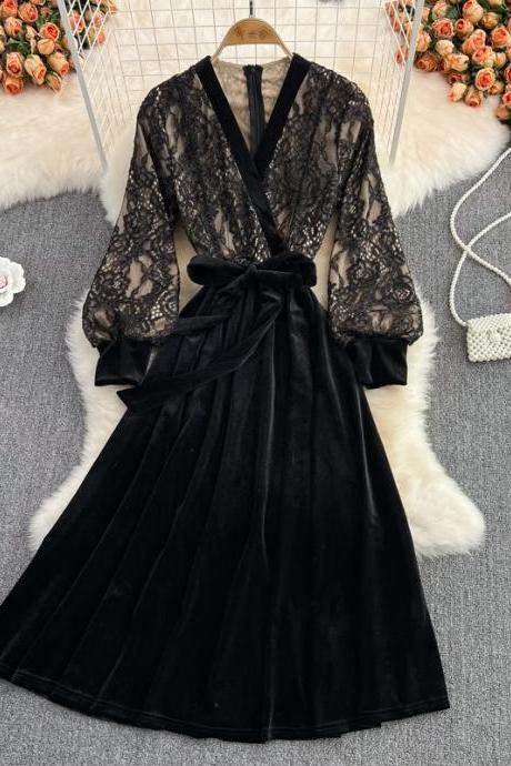 Black V Neck Lace A Line Dress Fashion Dress
