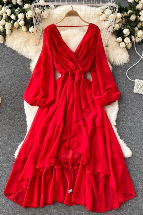 Red V Neck Chiffon Long Sleeve Dress A Line Fashion Dress