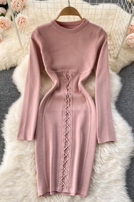 Fashionable lace-up knitted stretch dress