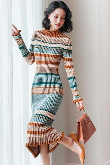 Fashionable Mid-length Knitted Dress Retro High-neck Padded Sweater Dress